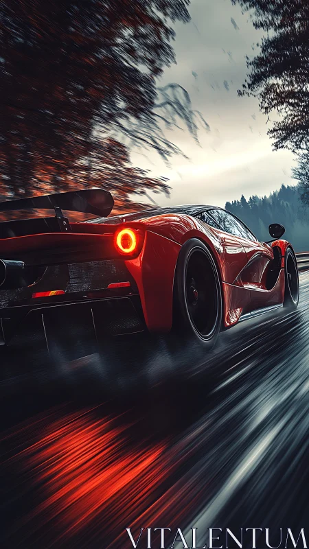 Rear-quarter hypercar sprint on wet forest roadway at dusk.