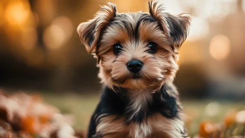 Small brown and black puppy outdoors in soft autumn light.