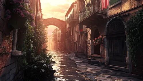 Golden evening light warms a quiet old stone street