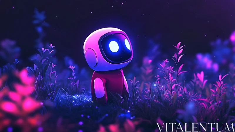Stargazing robot amid neon twilight meadow glow.