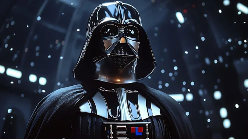 Black armored figure stands in illuminated sci‑fi interior