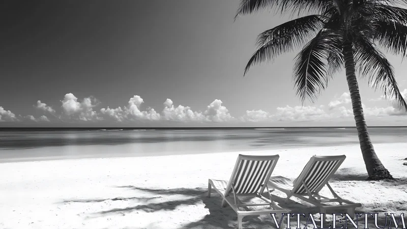 Monochrome Beach Retreat with Palm and Loungers