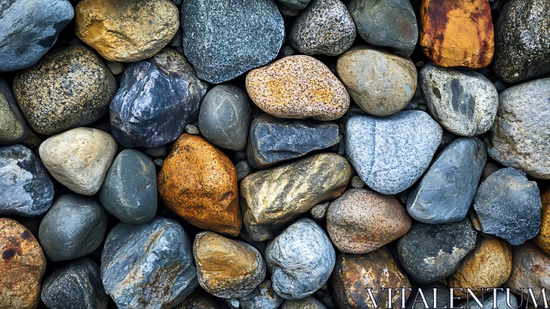 Smooth multicolored river stones close-up, natural texture pattern.