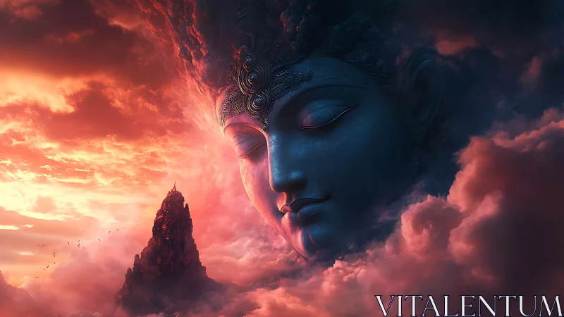 Colossal serene deity face emerges from glowing storm clouds