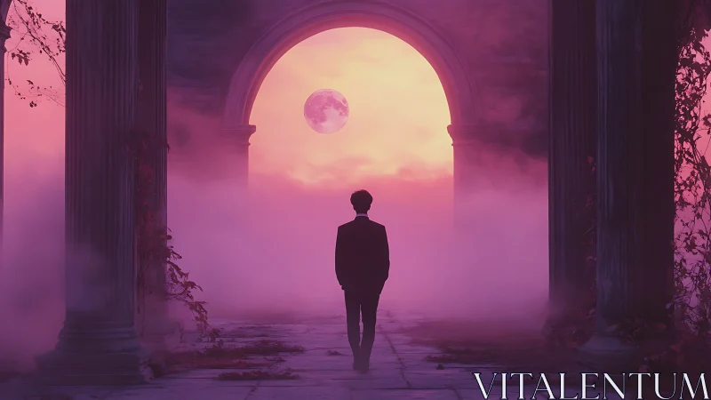 Moonlit archway stroll through dreamy violet mist.