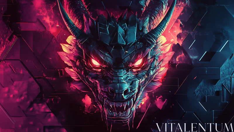 Fierce cyber dragon face glowing in neon fire and shadow.