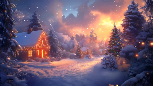 Snow-covered cabin glows against a luminous winter sunset sky