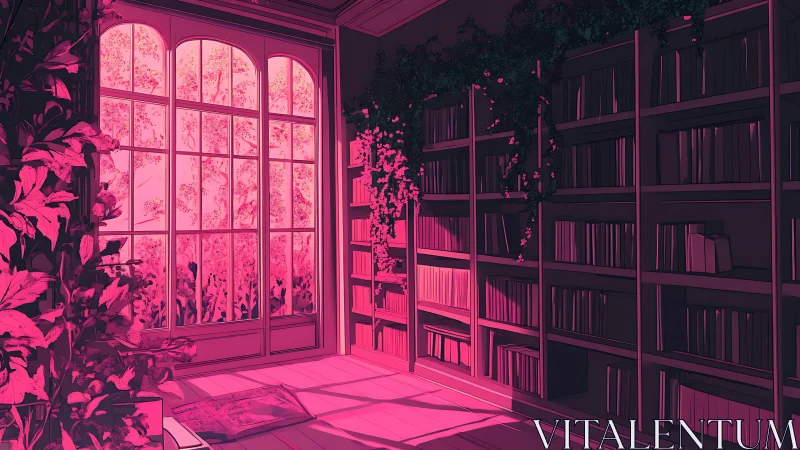 Sunlit pink reading room wrapped in quiet garden calm.