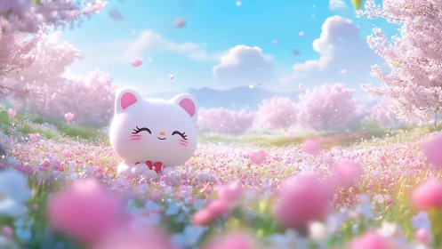 Kawaii white cat mascot in luminous pastel blossom meadow.