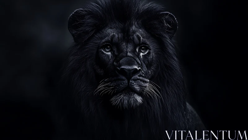 Photorealistic low key portrait of a black lion in chiaroscuro lighting.