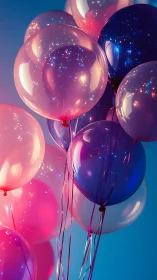 Luminescent balloons float against gradient sky with glowing particles