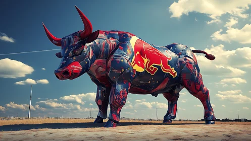 Large mechanical bull statue on open landscape under sky.