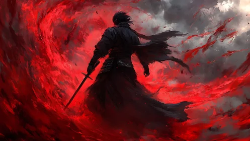 Dark swordsman stands amid swirling red energy storm