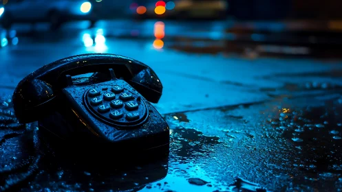 Abandoned rotary phone on wet neon street rendered in bokeh