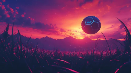 Iridescent levitating soccer sphere over chromatic dusk field.