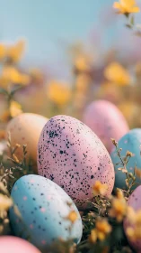Speckled pastel Easter eggs rest in a dreamy spring meadow