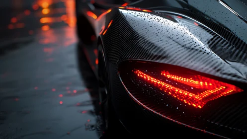 Carbon fiber supercar rear with wet surface and red lights