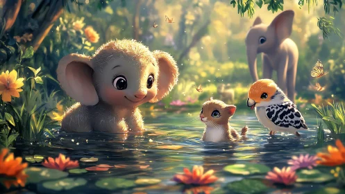 Baby elephant and forest friends share glowing pond moment.