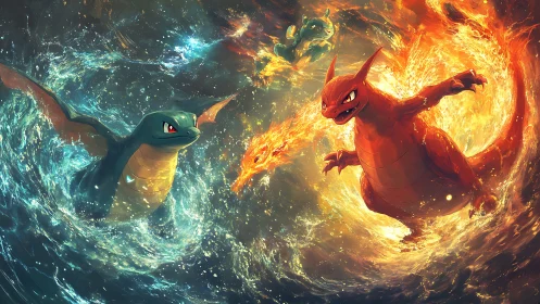 Elemental duel between fiery dragon and aquatic dragon hybrid
