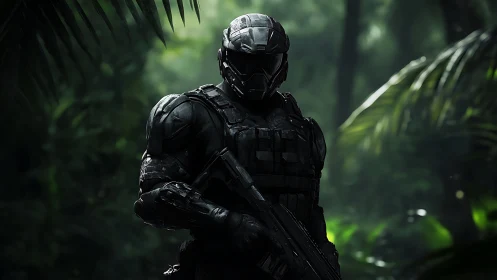 Armored soldier stands in dense jungle environment holding rifle