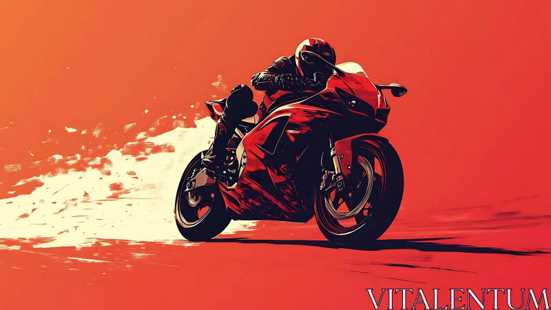 Motorcycle leans into high speed corner on red backdrop
