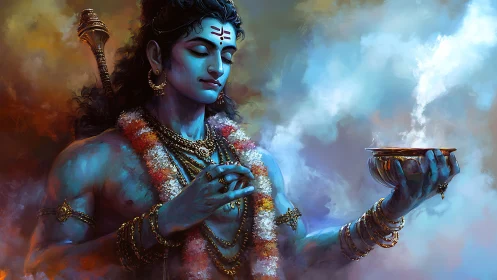 Blue-skinned deity in calm ritual scene with incense bowl.