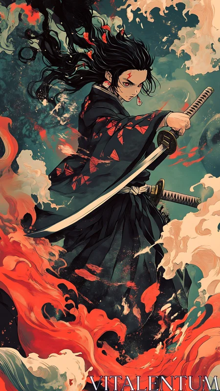 Samurai figure holds katana amid stylized water and flame