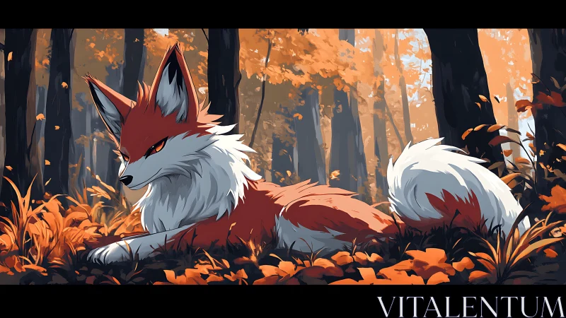 Clever fox spirit rests calmly in a softly glowing autumn forest