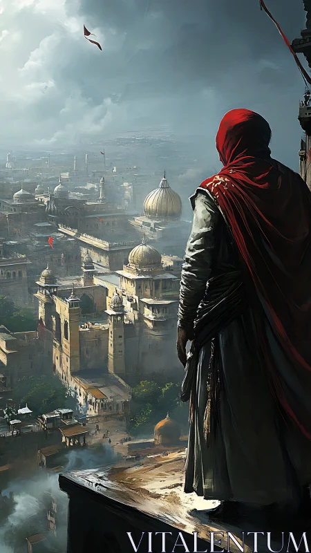 Hooded sentinel surveying domed desert metropolis from parapet.