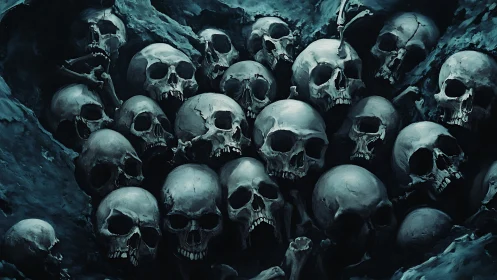 Skull-filled cavern rendered in moody teal chiaroscuro digital art.