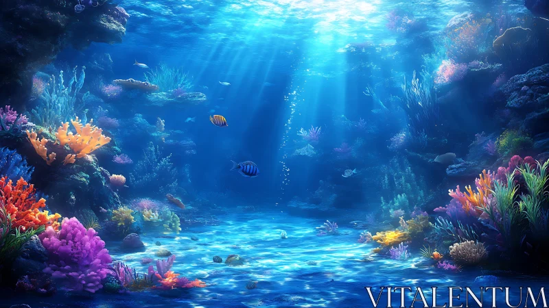 Colorful coral reef and tropical fish in bright blue water.