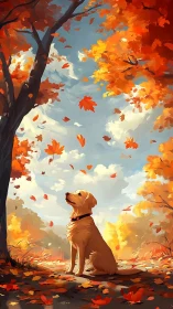 Gentle golden retriever enjoys a peaceful walk under autumn leaves