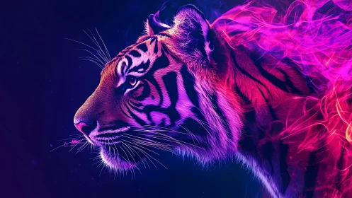 Neon ember tiger strides through ultraviolet dreamfire night.