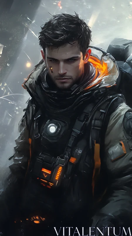 Brooding cyber scout in glowing tactical exosuit portrait.
