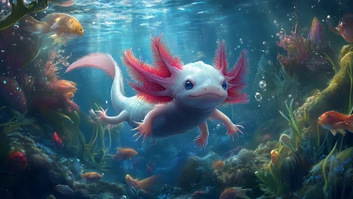 Bioluminescent axolotl gliding through refracted reef light.