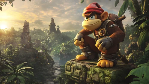 Heroic jungle explorer surveys ancient temple ruins at dawn