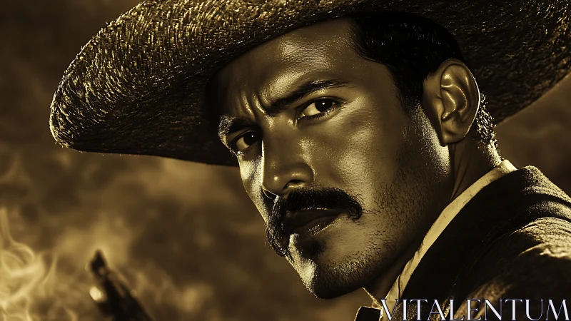 Bronzed gunslinger locks his gaze through drifting smoke