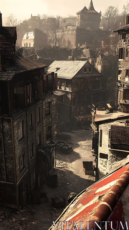 Old stone alley with distant fortified hilltop town.