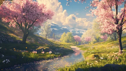 Spring valley landscape with blossom trees and stream.