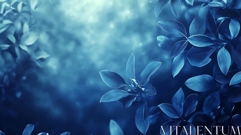 Dreamy Blue Botanical Background with Soft Lighting Effects.