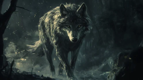 Wolf walks through dark misty forest with focused glowing eyes