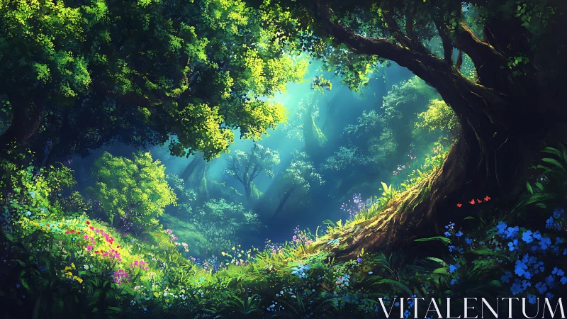 Luminous Forest Canopy: Radiant Deciduous Ecosystem with Atmospheric Light Diffusion.