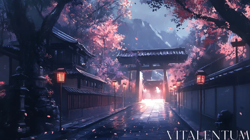 Japanese shrine street with lanterns and cherry trees at dusk.