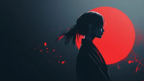 Silent ronin silhouette before a blazing red moonrise.