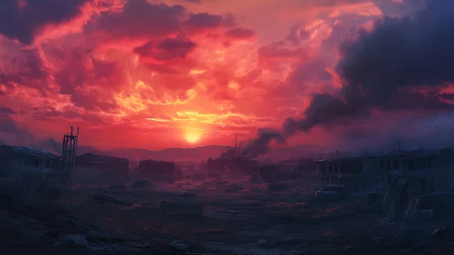 Post-apocalyptic settlement burns under a scarlet sunset sky