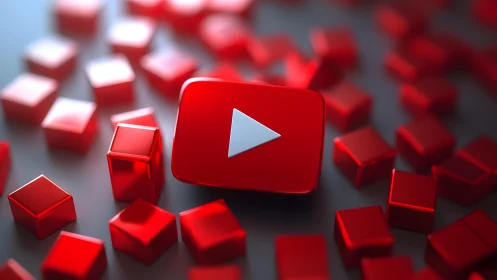 YouTube play button icon among glossy red cubes, digital art.