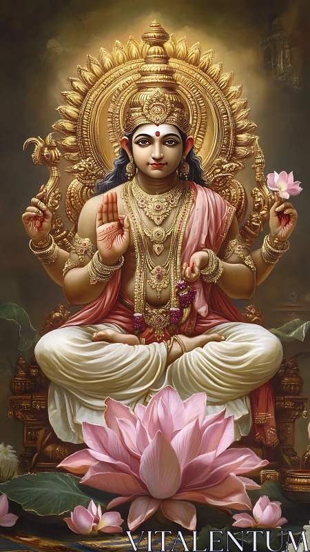 Seated four-armed deity with golden halo and lotus flowers