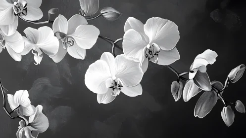Monochrome orchid branch study in high-contrast digital painting.