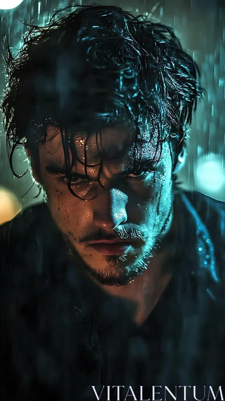 Stormlit gaze of a rain-soaked loner in neon night. Period.