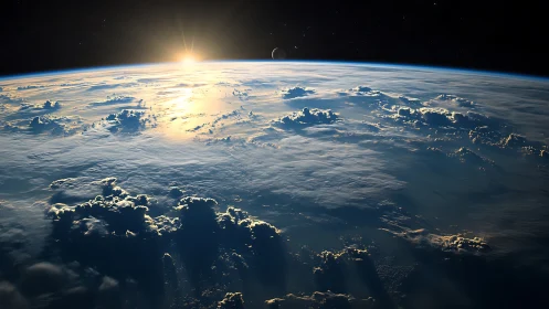 Low Earth orbit view with sun rising over cloud layer.